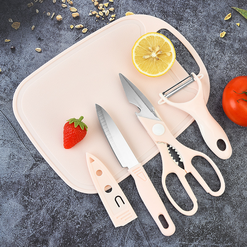 Factory Cross-Border Foreign Trade E-Commerce Wholesale Stainless Steel Fruit Knife and Scissors Four-Piece Set with Cutting Board Baby Food Supplement Mini Knife Set