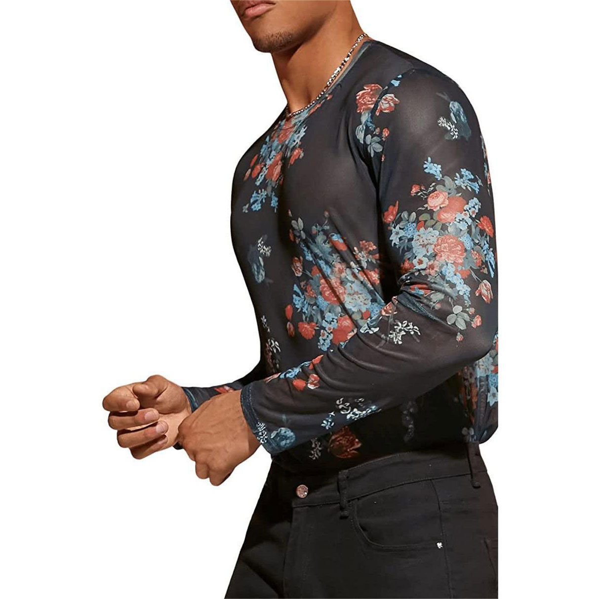 Camiseta Interior Transparente para Hombre, Ajustada y Sexy, Estilo Europeo y Americano, Ropa Masculina Transfronteriza, Camiseta de Malla con Estampado Floral, Novedad 2025