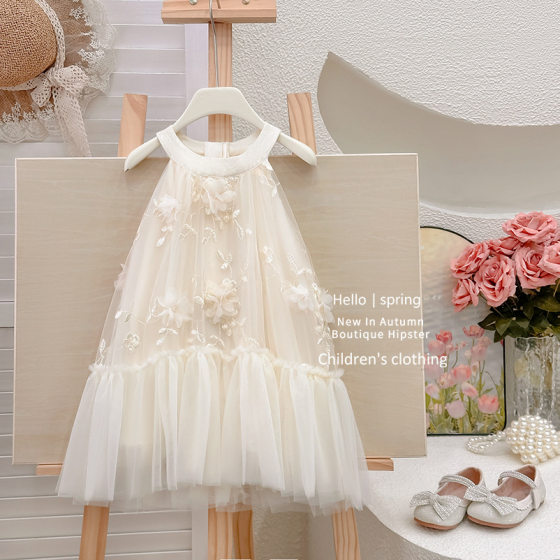 Girls' dress 2025 New Style Super Fairy Princess Dress Three-dimensional Flower Mesh Dress Children's Neck Fairy Dress