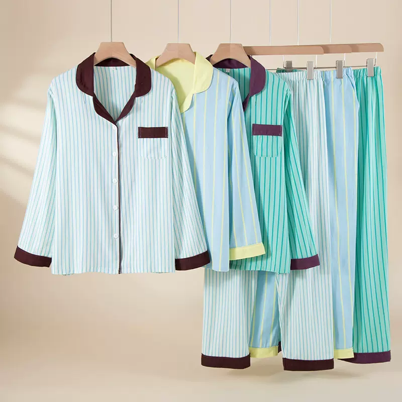 纯棉 磨毛睡衣女 长套秋冬款 条纹翻领女士家居服可外穿