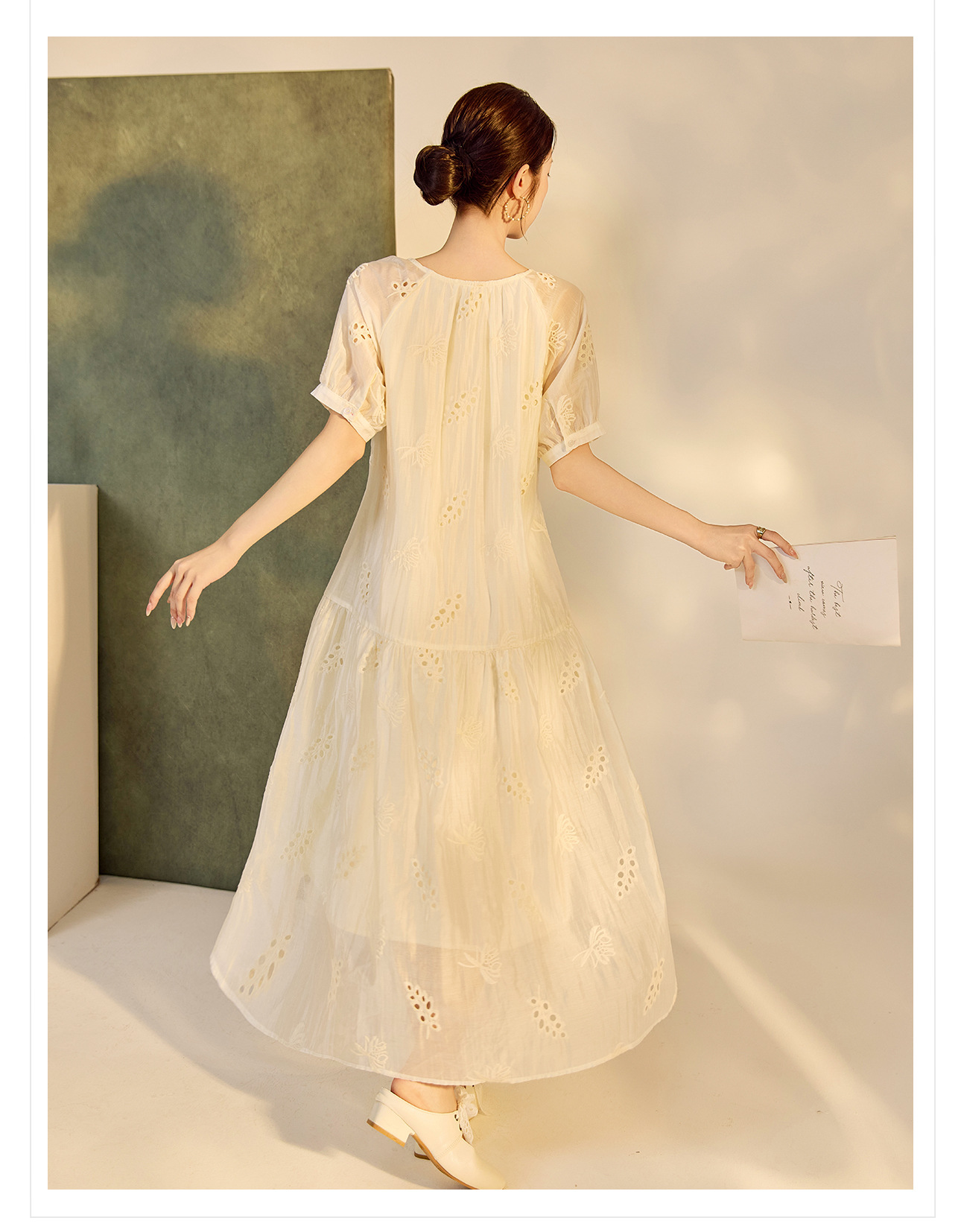 Váy suông midi Tencel phong cách Trung Quốc mới tay ngắn cổ tròn — Màu trắng be chi tiết 16