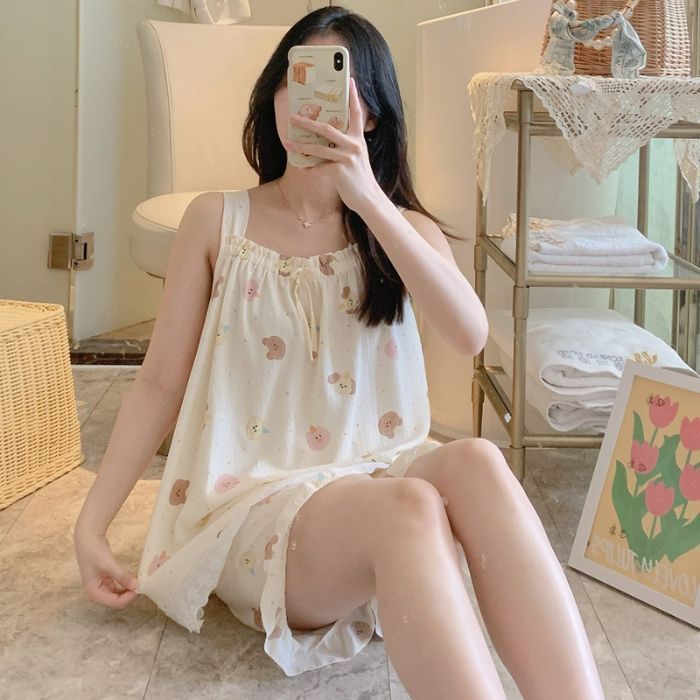 Venta al por mayor transfronteriza verano nuevo pijama mujer pantalones cortos sin mangas lindo estampado de dibujos animados espuma traje de encaje suave