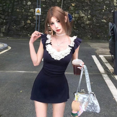 ホットガールフライングスリーブドレスレディースサマーレースステッチデザインセレブピュアディザイアスタイルウエストAラインスカート