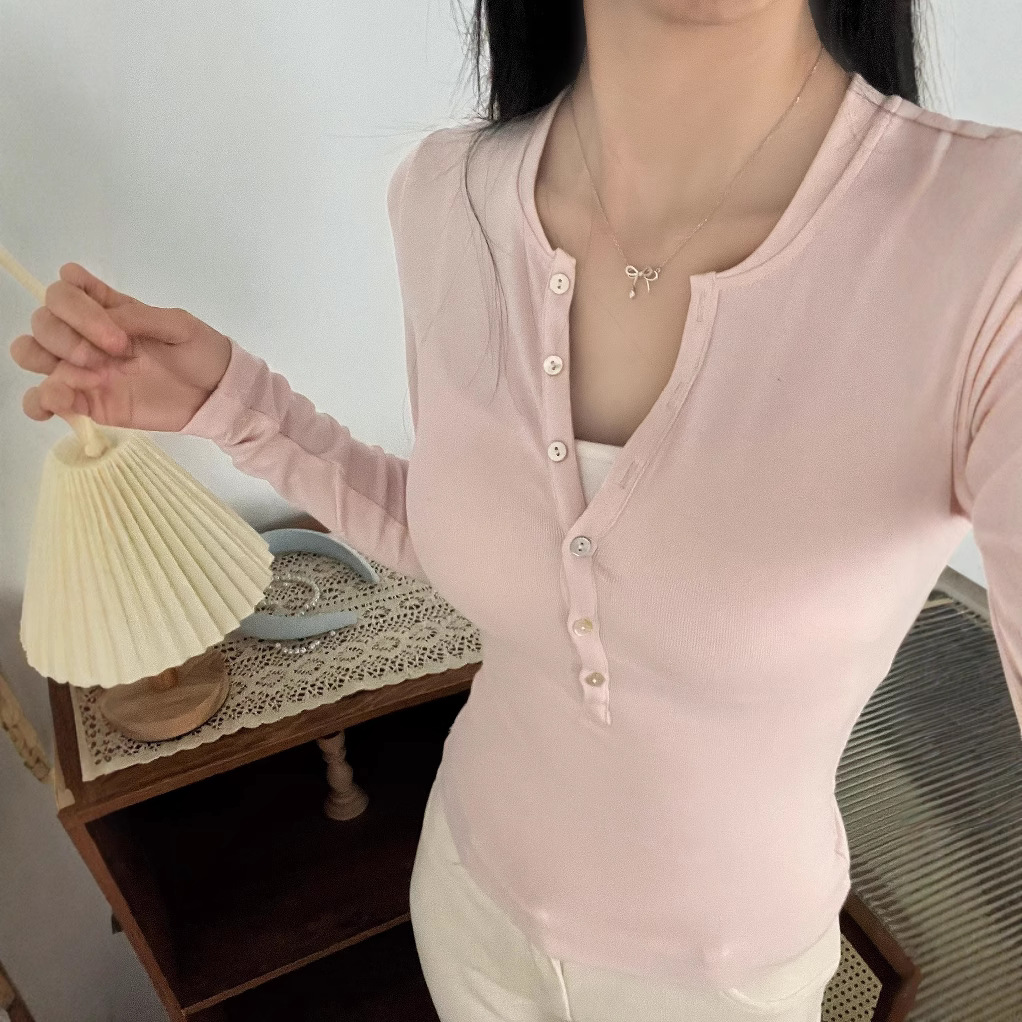 Banana Boss Mousse Cashmere Henley Shirt Shell Button Collar Comfortable Elastic Long-Sleeved T-Shirt Women's Bottoming Shirt