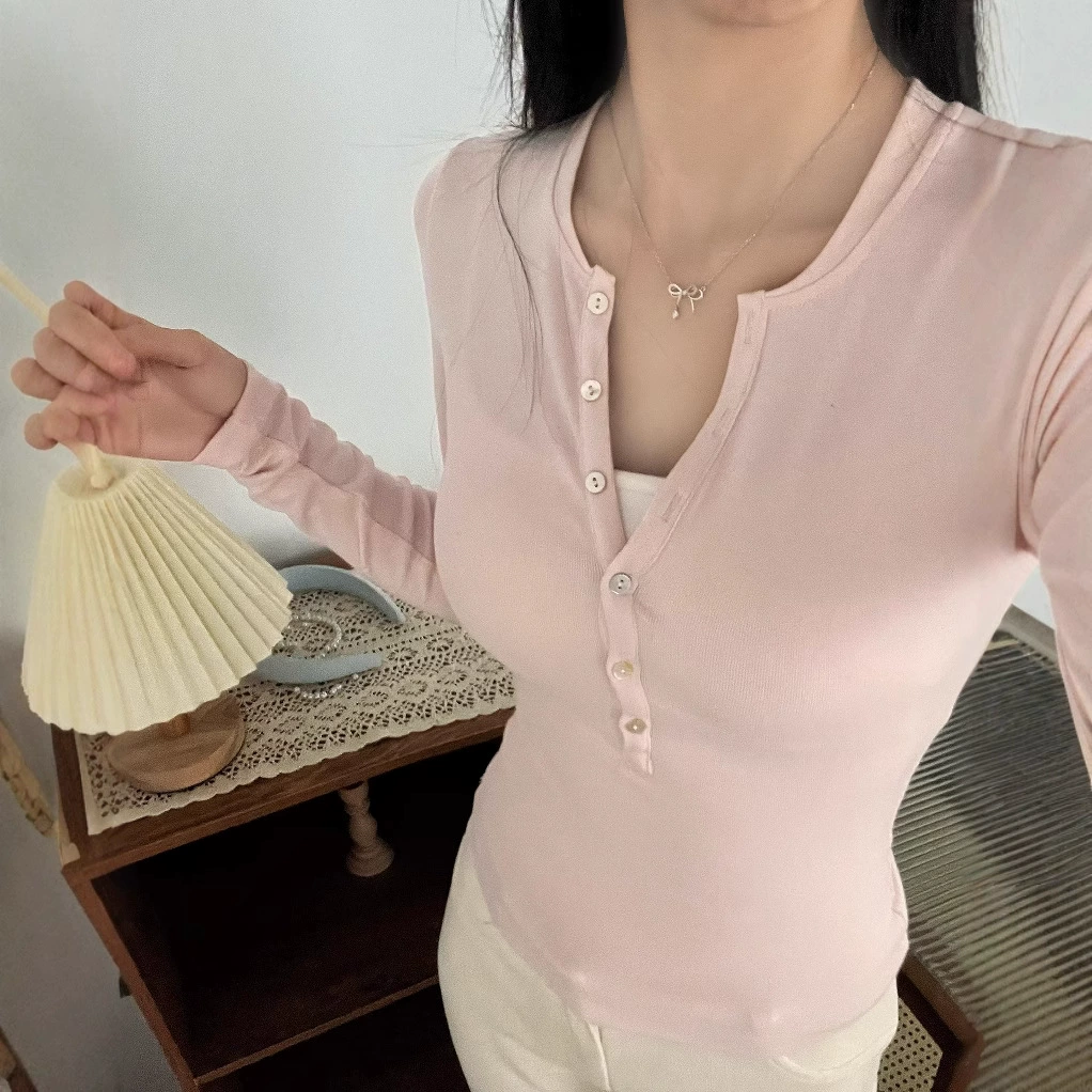 Футболка-поло Banana Boss Mousse Cashmere Henley с воротником на пуговицах, эластичная женская футболка с длинным рукавом, базовая футболка.