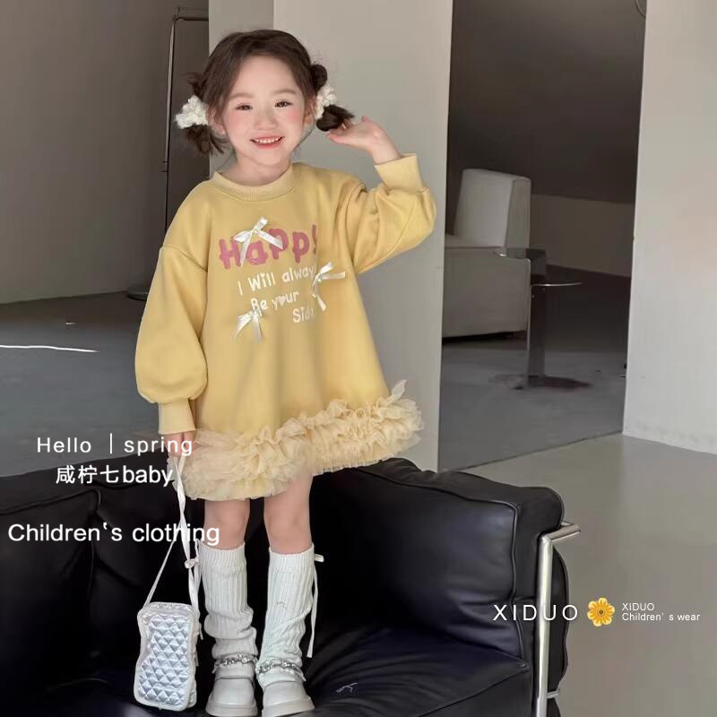 Vestido de niñas otoño y invierno letras extranjeras impresión arco y camisa de lana vestido de malla para niños