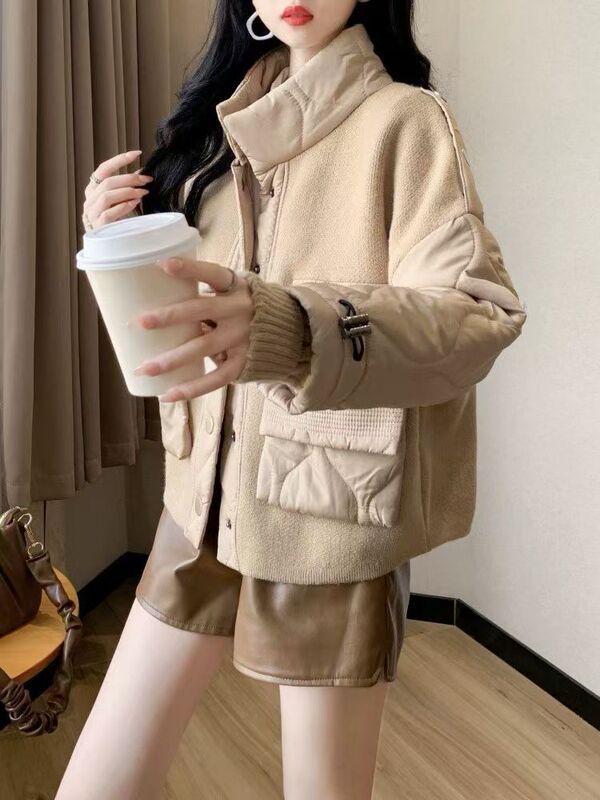 设计感拼接棉服毛衣外套2025秋冬新款韩版宽松短款休闲针织开衫女|undefined