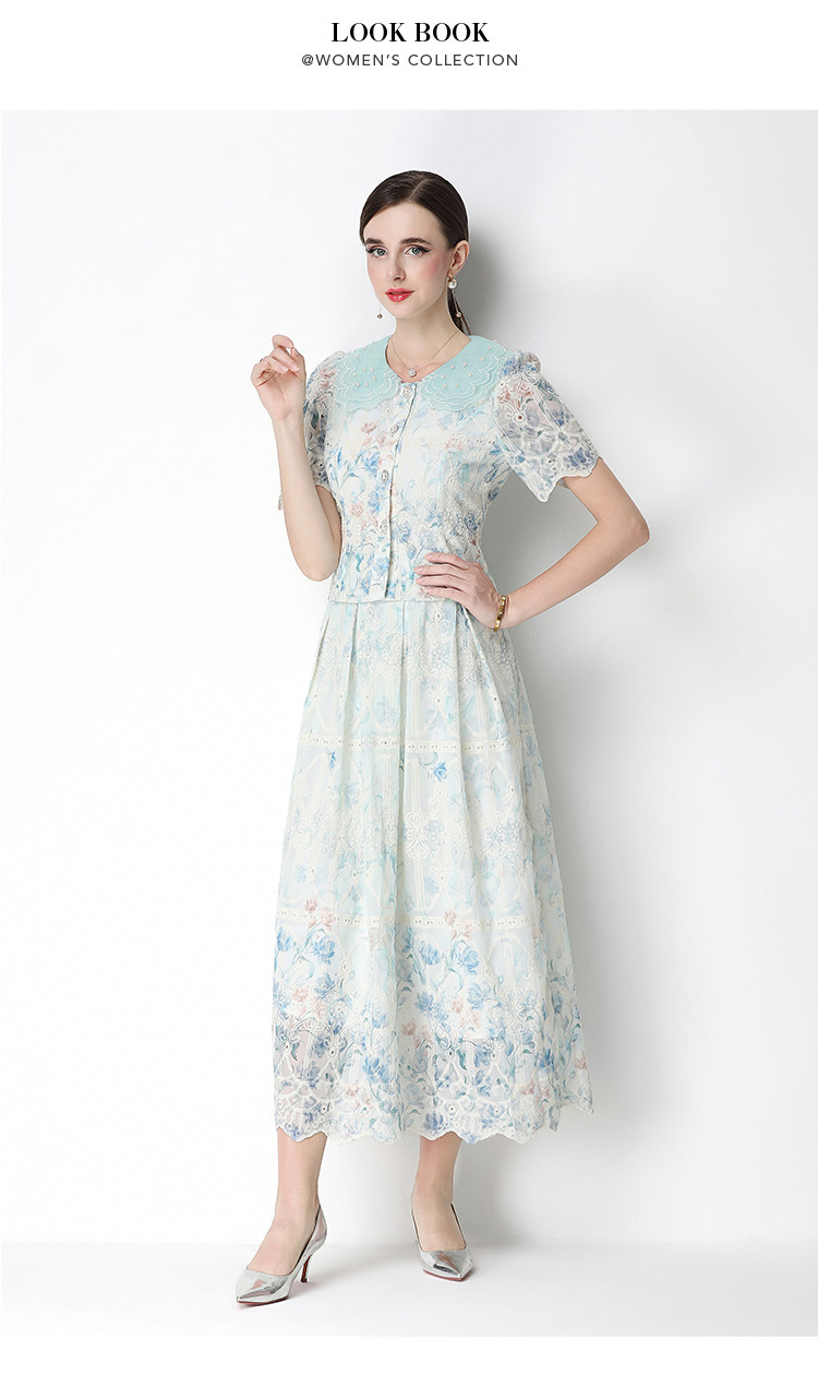 Set váy hai mảnh mùa hè cổ búp bê ren hoa tay ngắn + chân váy xếp ly cạp cao — Xanh lá cây nhạtcolor, Màu hồng, màu mơ chi tiết 34