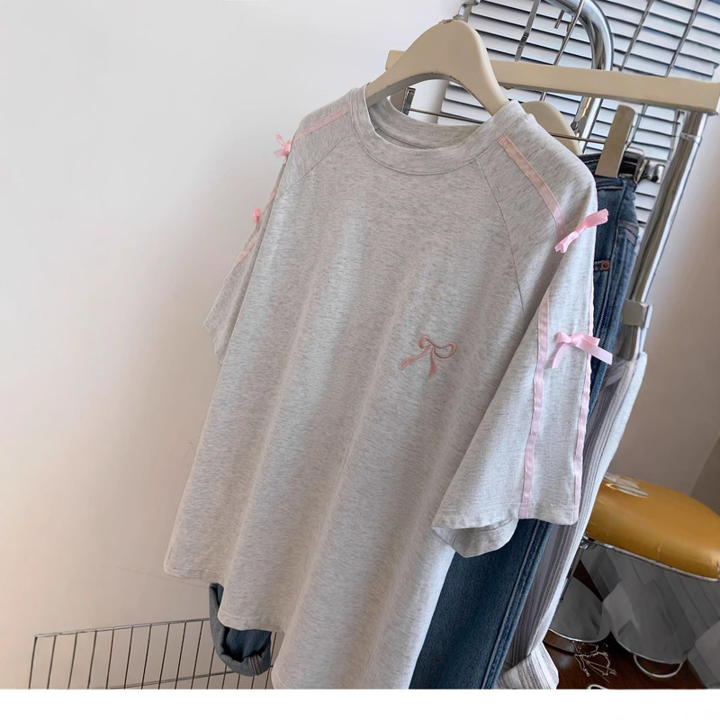 Gray Bow Mid-Length Short-Sleeved T-Shirt for Women Summer New Design Loose Niche Half-Sleeved T-Shirt Top Gray Bow Mid-Length Short-Sleeved T-Shirt for Women Summer New Design Loose Niche Half-Sleeved T-Shirt Top