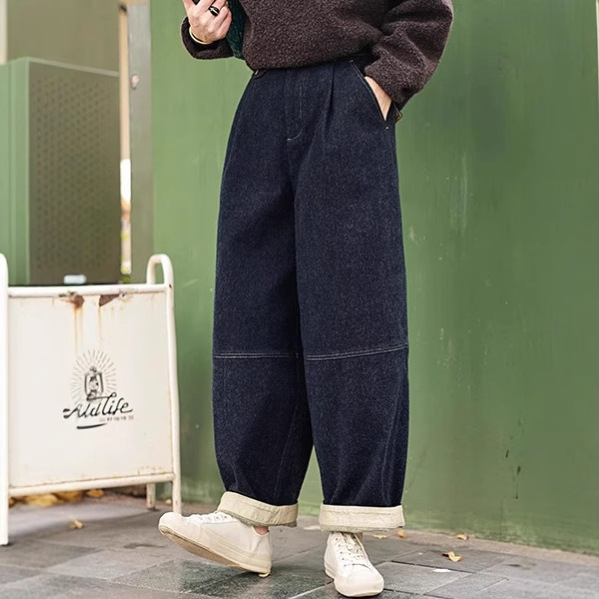 Literary Casual Autum New Product Brushed Micro-Elastic Thick Soft Twill Cotton Contrasting Silhouette Jeans Casual Pants for Women