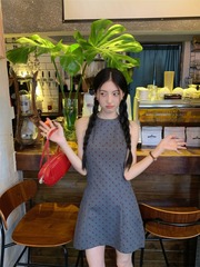 Baishui レディース [グレートーン] 水玉ドレス レディース ラウンドネック リボンデザイン 着痩せショートスカート