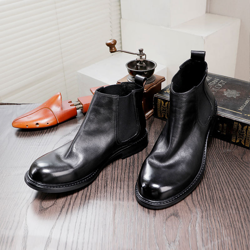 Men's thick soled cowhide leather shoes high-top slip-on ankle boots round head leather breathable_voghion.com