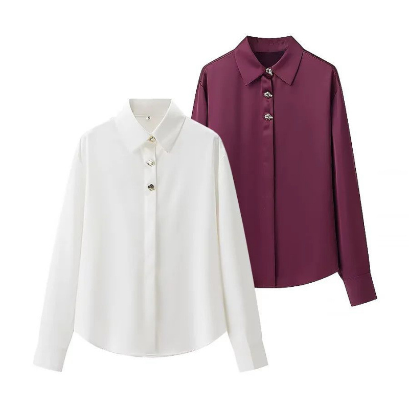 Cross-Border Elegant Simple Pure Color Loose Shirt 2025 Spring and Summer European and American Long-Sleeved Gold Button Casual Top for Women