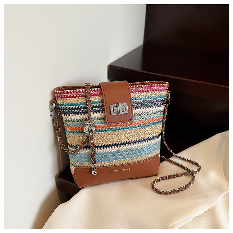 Seaside vacation beach rainbow woven bag for women 2025 Summer New style fashionable, simple, casual and high-quality single-shoulder bucket bag undefined