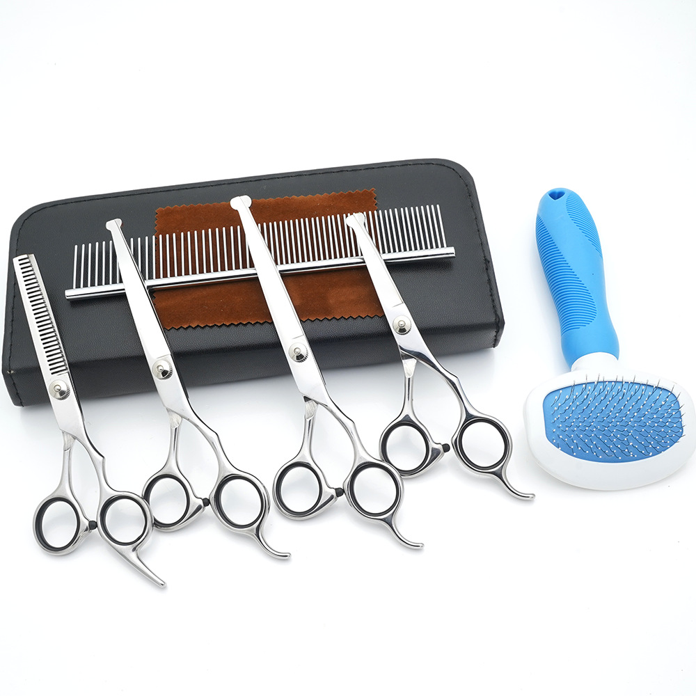 Tijeras de cuidado de mascotas al por mayor de fábrica, tijeras planas de corte de pelo de perro, tijeras de dientes finas, tijeras de colores, herramientas de corte de pelo de gato
