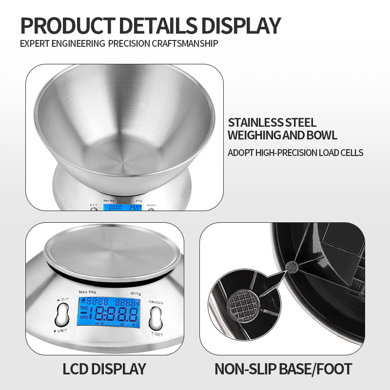 Precisión doméstica electrónica de acero inoxidable alimentos comerciales 5kg ingredientes platos de acero inoxidable para hornear báscula electrónica de cocina