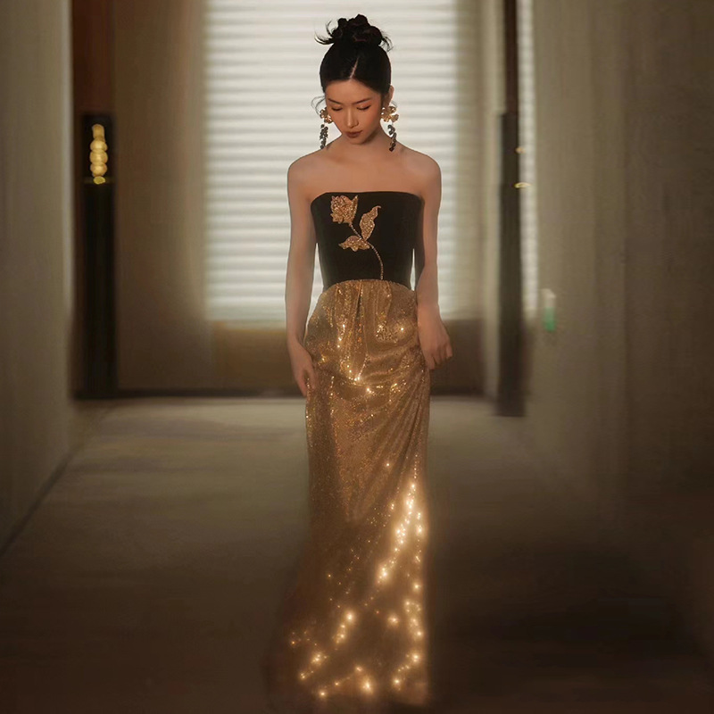 Đầm maxi nữ thắt eo kiểu Pháp, tay ống, phối sequin lấp lánh, dáng dài dự tiệc — Màu như hình