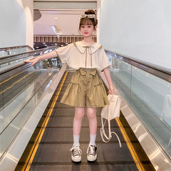 女童韓版套裝2024夏季新款兒童洋氣娃娃領短袖中大童休閒兩件套潮