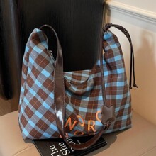 韩国小众格纹休闲包包斜挎包女2025新款尼龙布背包学生上课托特包