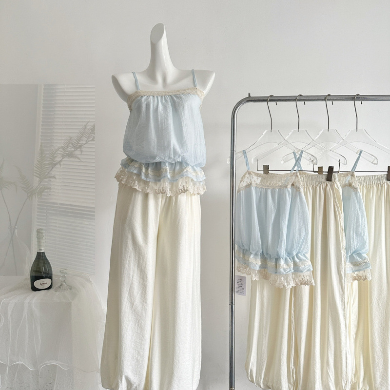 Normanyi In-Stock Wind Chime Style Summer Pure Desire Embroidered Lace Patchwork Strap Loose Balloon Pants Set for Women