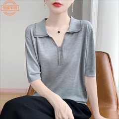新しいリヨセルポロ襟 Tシャツ女性の夏薄いテンセル光沢のあるホットダイヤモンド半袖女性のルーズ半袖トップ