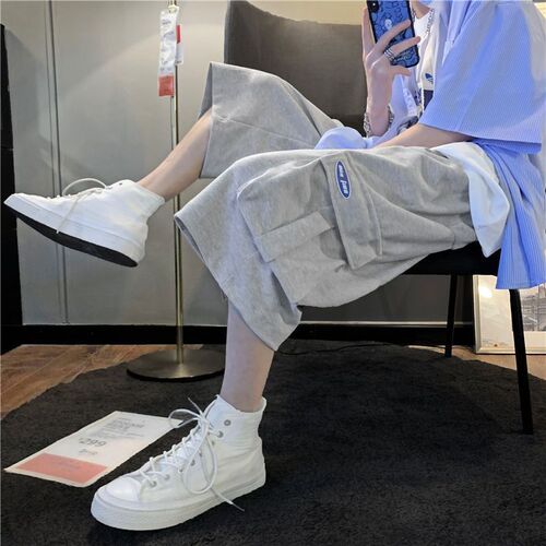 Men's Work Shorts, Hong Kong Style Loose Summer  New Shorts, Korean Version Trendy Straight Leg Fashionable and Versatile, Seven-Eighth Length Cool Style