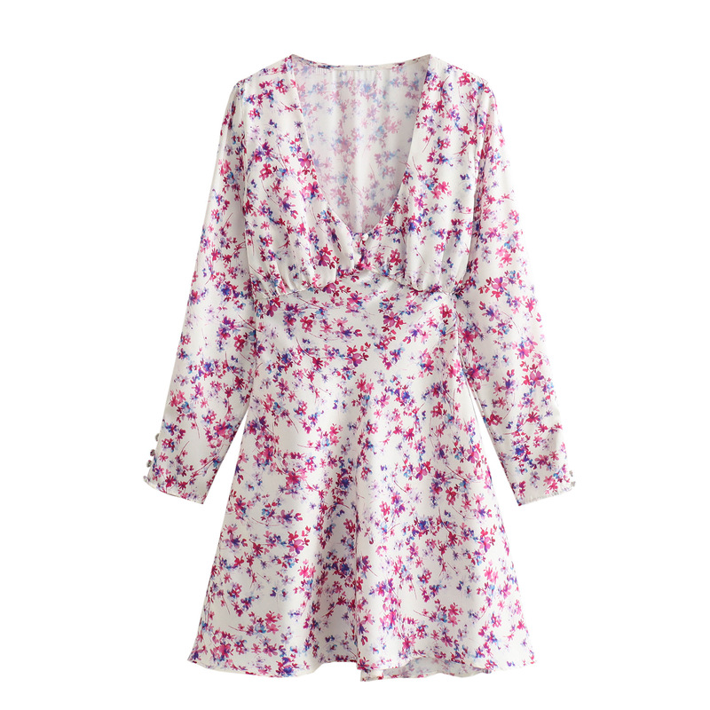 Foreign Trade Women's 2024 Spring New Women's Silk Satin Texture Printed Large V-Neck Mini dress 2606133