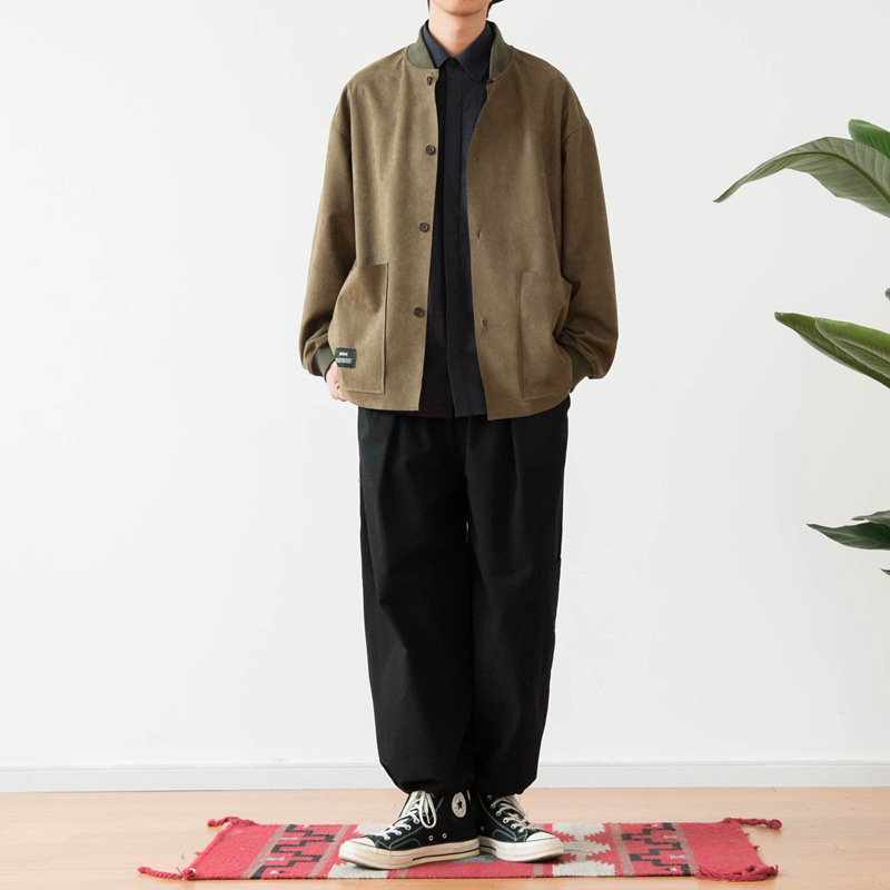 봄과 가을 일본 스타일 빈티지 딥 스웨이드 루즈 숄더 야구 칼라 재킷 남성과 여성을위한 트렌디 한 재킷