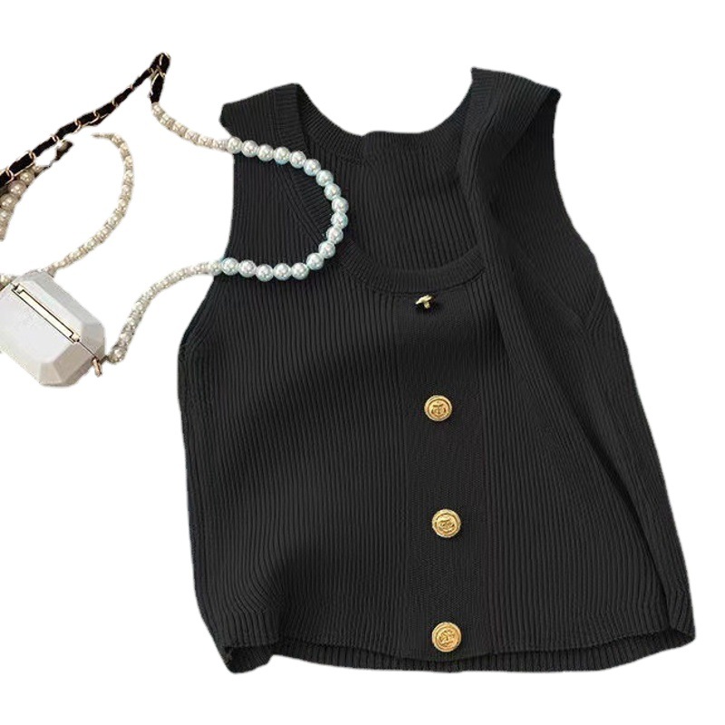 Las niñas de verano nuevo oro hebilla de punto camisola estilo coreano cuello redondo sin mangas de moda océano corto punto chaleco moda