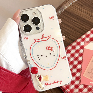 Cute Strawberry Cat iPhone 16 Case Suitable for 17 Pro Max with Pendant, iPhone 13 Hard Case, 14 Korean Style Imd