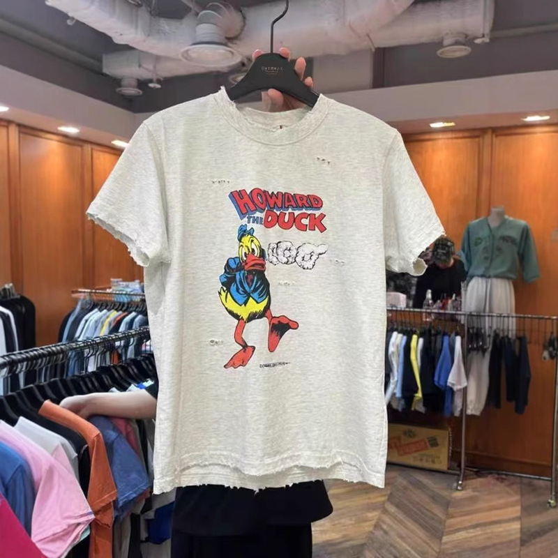 South Korea's Dongdaemun Rooster House Garment Summer Style Cartoon Duck Print Ripped Ins Short-Sleeved T-Shirt for Women