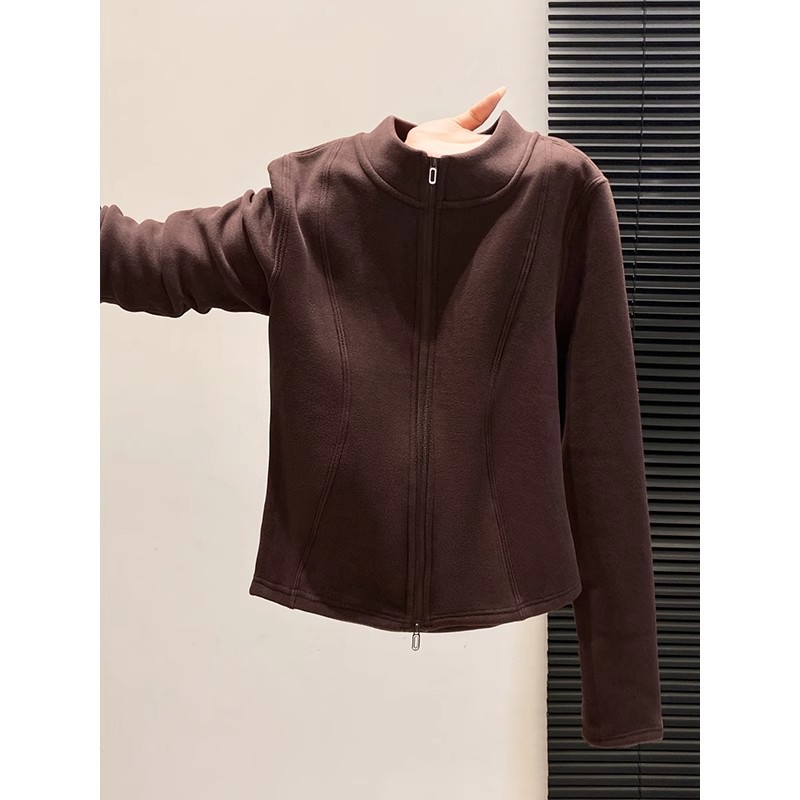 Double-Sided Fleece Warm Stand-Up Collar Double-Zipper Sweatshirt for Women, New Autumn and Winter Style, Slim Waist, Slimming Base Layer Jacket A9052