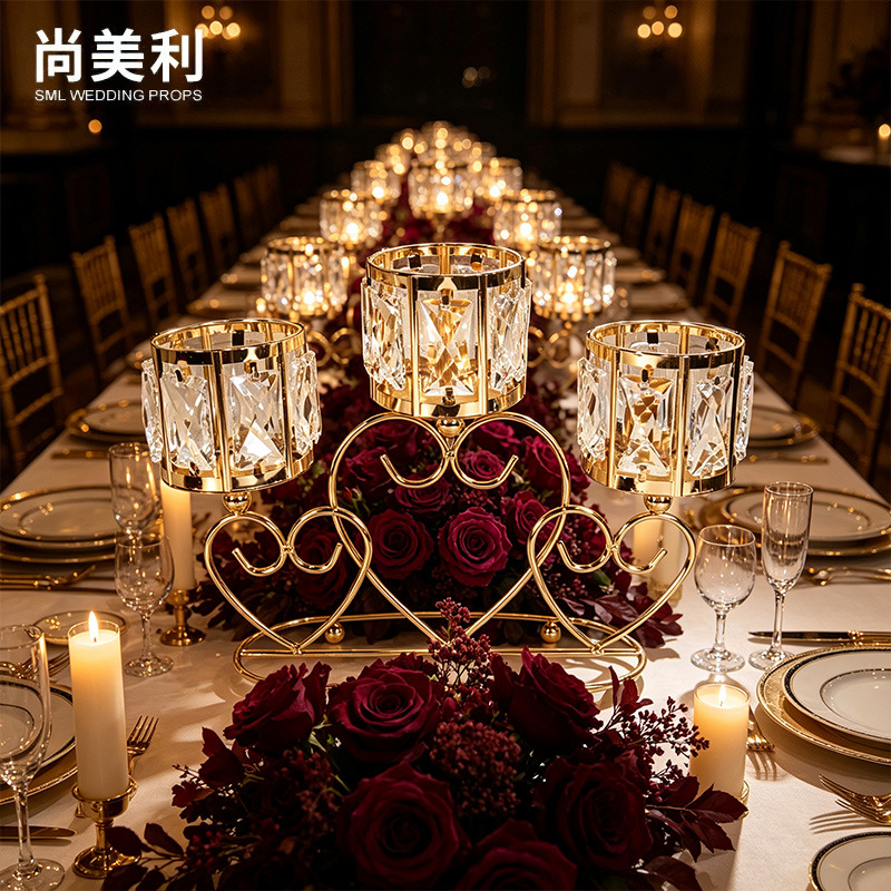Conjunto de candelabro de cristal de tres cabezas de estilo europeo de lujo ligero francés hotel de boda mesa de comedor romántica decoración de vela artesanía