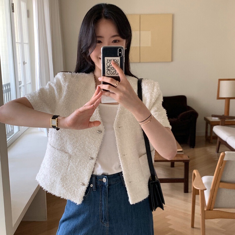 Korean Chic Summer French Style V Neck Small Fragrant Tweed Chic Olive Button Short-Sleeved Jacket Short Jacket for Women