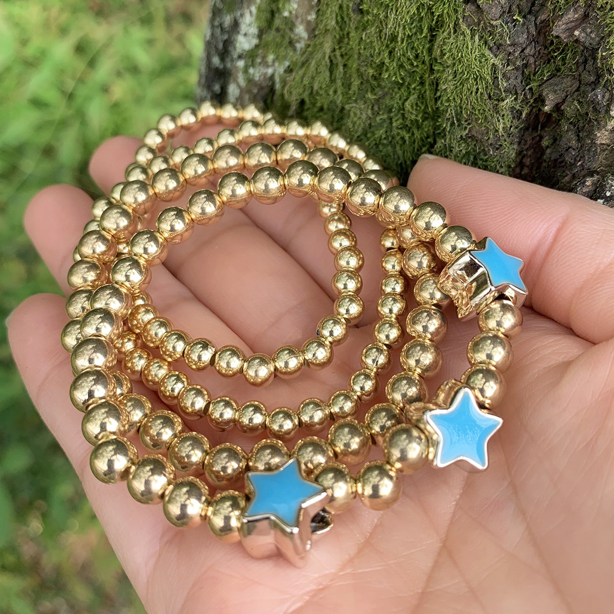 Conjunto De Pulsera Elástica Estrella Color Caramelo Multicapa Con Cuentas Doradas display picture 2