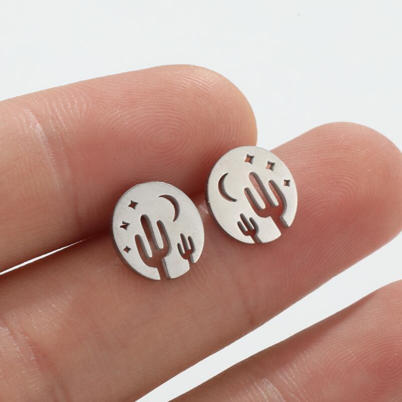 Simple Style Cactus Star Moon Stainless Steel Plating Hollow Out Ear Studs 1 Pair