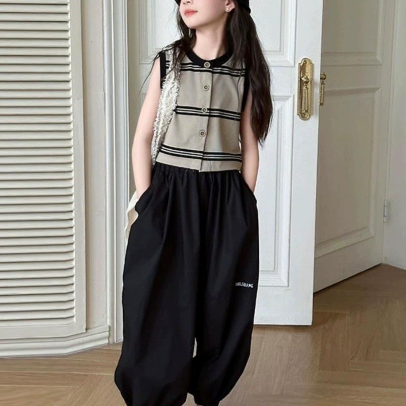 Летний костюм для девочек с полосками 2025, новый корейский стиль, зарубежный стиль, комплект из двух предметов, детская летняя одежда