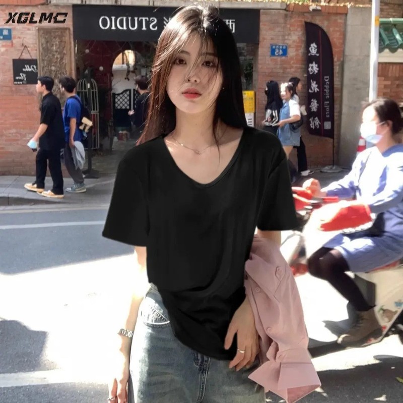 VネックルーズTシャツ半袖レディースローネックビッグネックライン夏カジュアル万能着痩せトップスレイジースタイル右肩Tシャツ|undefined