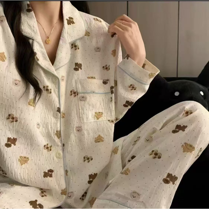 源头工厂长袖睡衣女春秋季云朵棉翻领开衫长裤家居服外贸抖音爆款|undefined