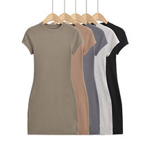 夏季简约纯色收腰包臀小圆领短袖连衣裙美式欧美红人款短袖包臀裙