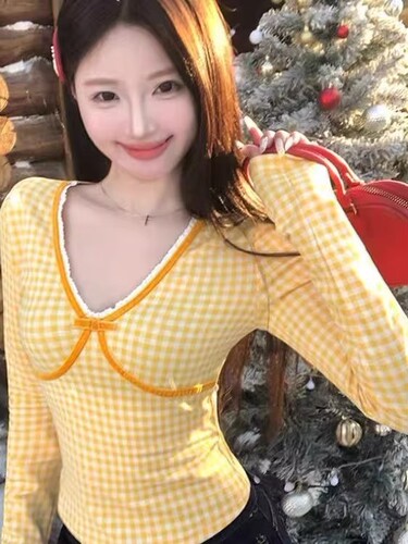 【Original Workmanship】Korean Yellow Check V-Neck Long-Sleeve T-Shirt for Women Autumn Sweet and Spicy Girl Base Layer Lace Camisole Top