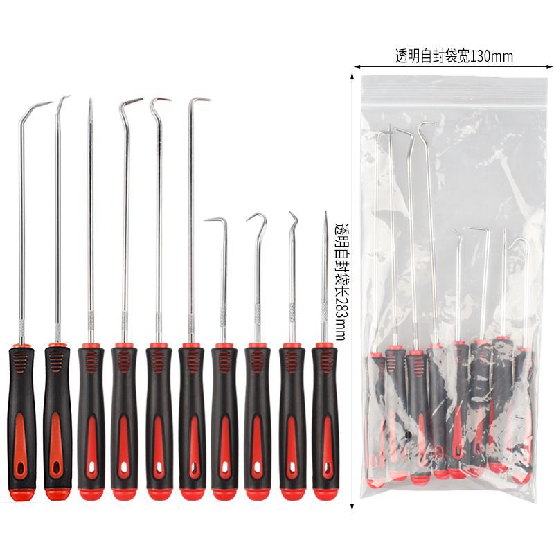 빨간색 손잡이와 보호 커버가 있는 은색 기둥 10개 세트(투명 가방)