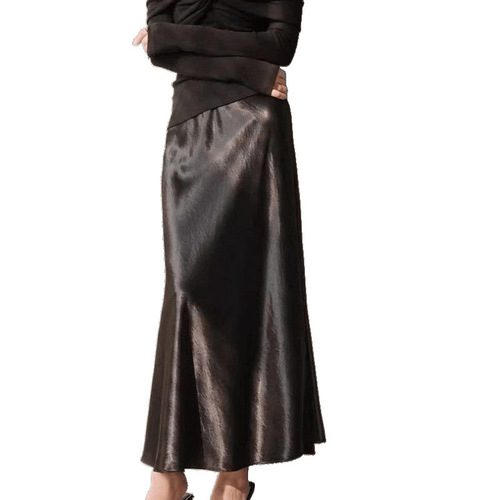 Acid satin half-sleeve skirt women's autumn new silk smooth long umbrella skirt a word high-grade buttocks fish tail skirt 