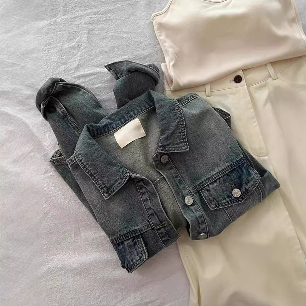 Women's Clothing Vintage Blue Lapel Denim Coat Women's Early Spring Loose All-match Hong Kong-style Jacket Short Top_voghion.com