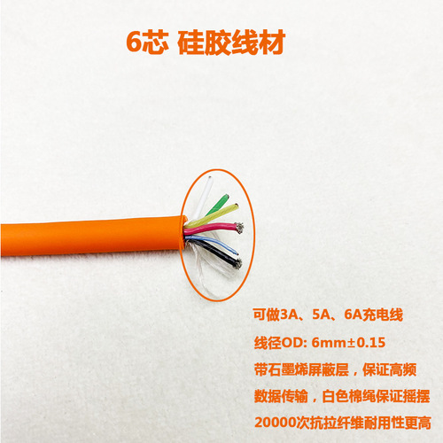Data cable DIY super soft silicone wire 6 core USB mobile phone PD100W fast charging 6A plug handmade accessories 6mm
