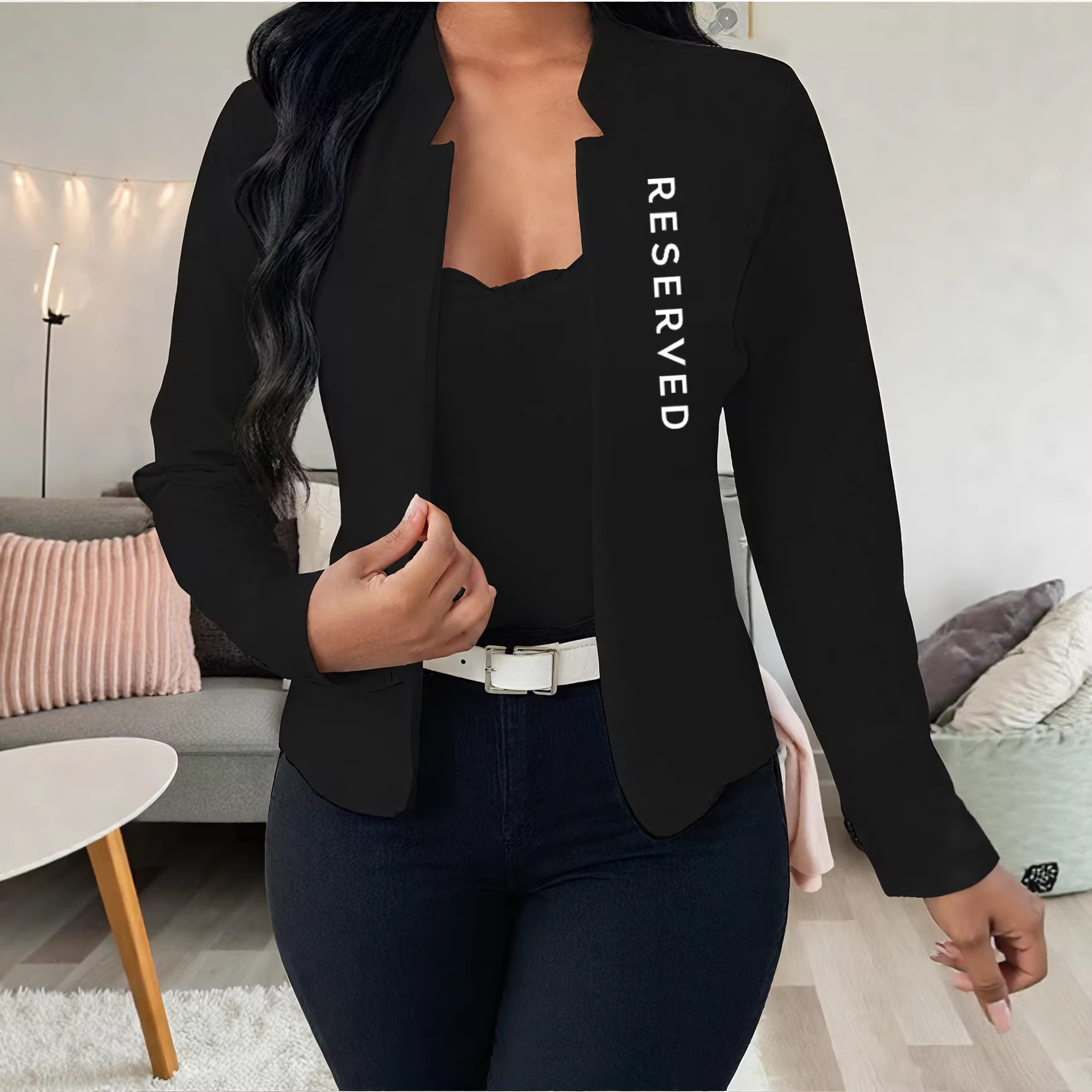 Women's Clothing American Style Stand Up Collar Fitted Waist Black Blazer Long Sleeve Elegant Fashion Print Outerwear_voghion.com
