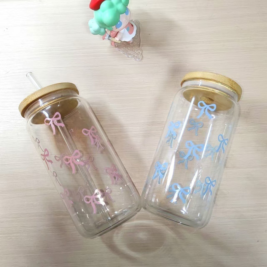 High borosilicate heat-resistant glass cola can with bow lid, large capacity straw juice milk tea cup