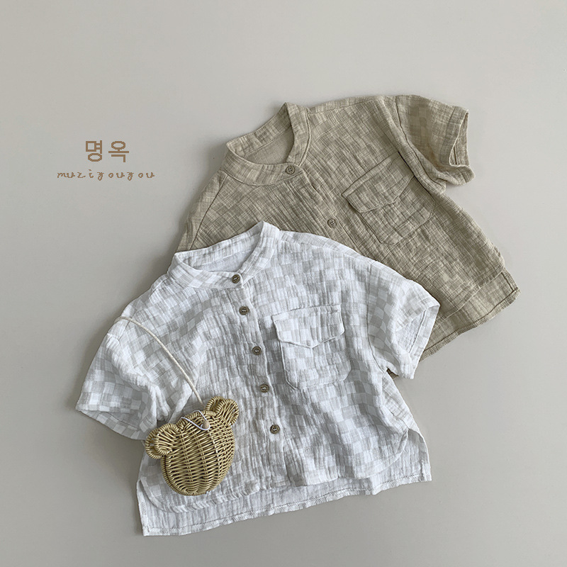 Camisa a cuadros para niños Camisa de manga corta de algodón fino para niños y niñas de verano