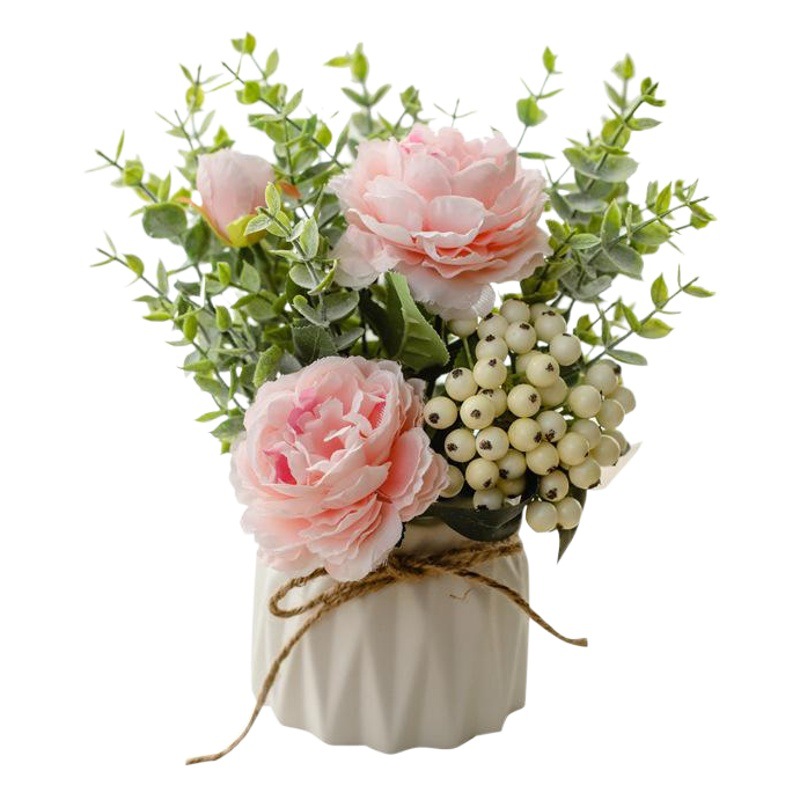 Nordic flor artificial traje de cerámica cuerda de cáñamo jarrón Rosa artificial planta maceta decoración del hogar falso maceta