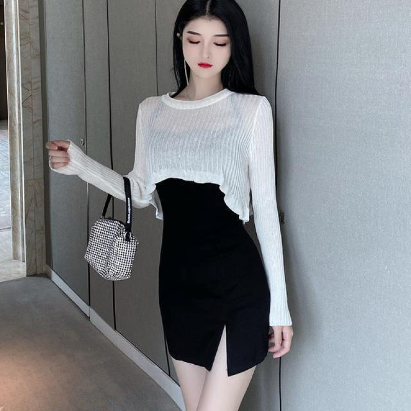纯欲辣妹秋装薄款针织防晒罩衫女夏独特收腰显瘦吊带连衣裙两件套|undefined